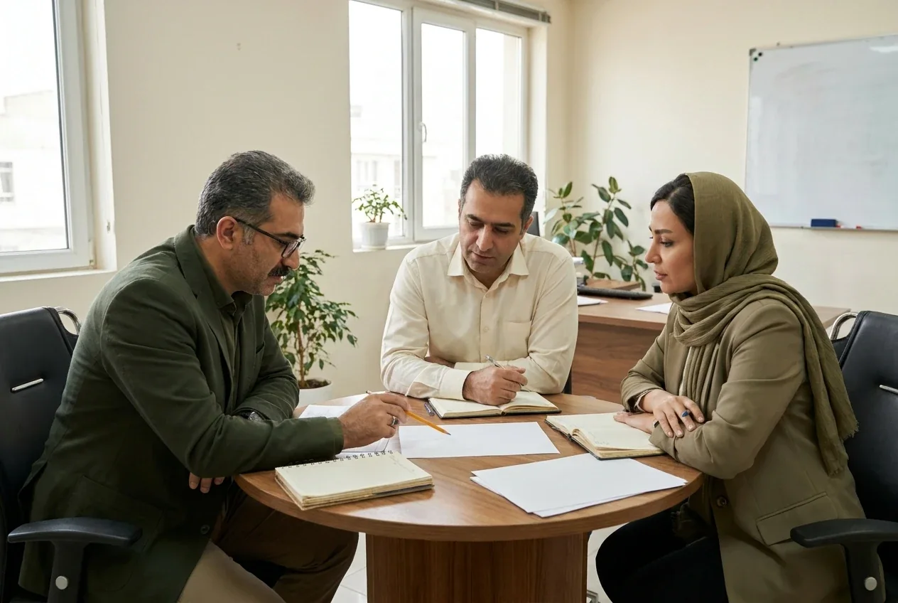 تصویری مفهومی از گفتوگوی همکاران دربارهٔ یک تصمیم مشترک